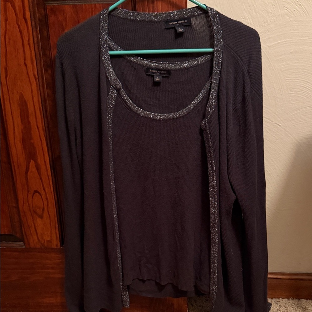 Banana Republic Dark Gray Cardigan and Sweater set with silver outline